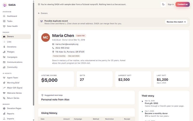 A donor profile in SAGA showing Maria Chen, a lapse risk tag, lifetime giving of $5,000, a suggested next step and her story timeline